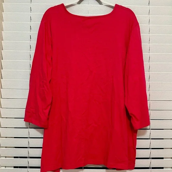 Liz & Me Essentials Red Embroidered Scoop Neck 3/4 Sleeve Cotton Top 3X 26/28 - Picture 4 of 5